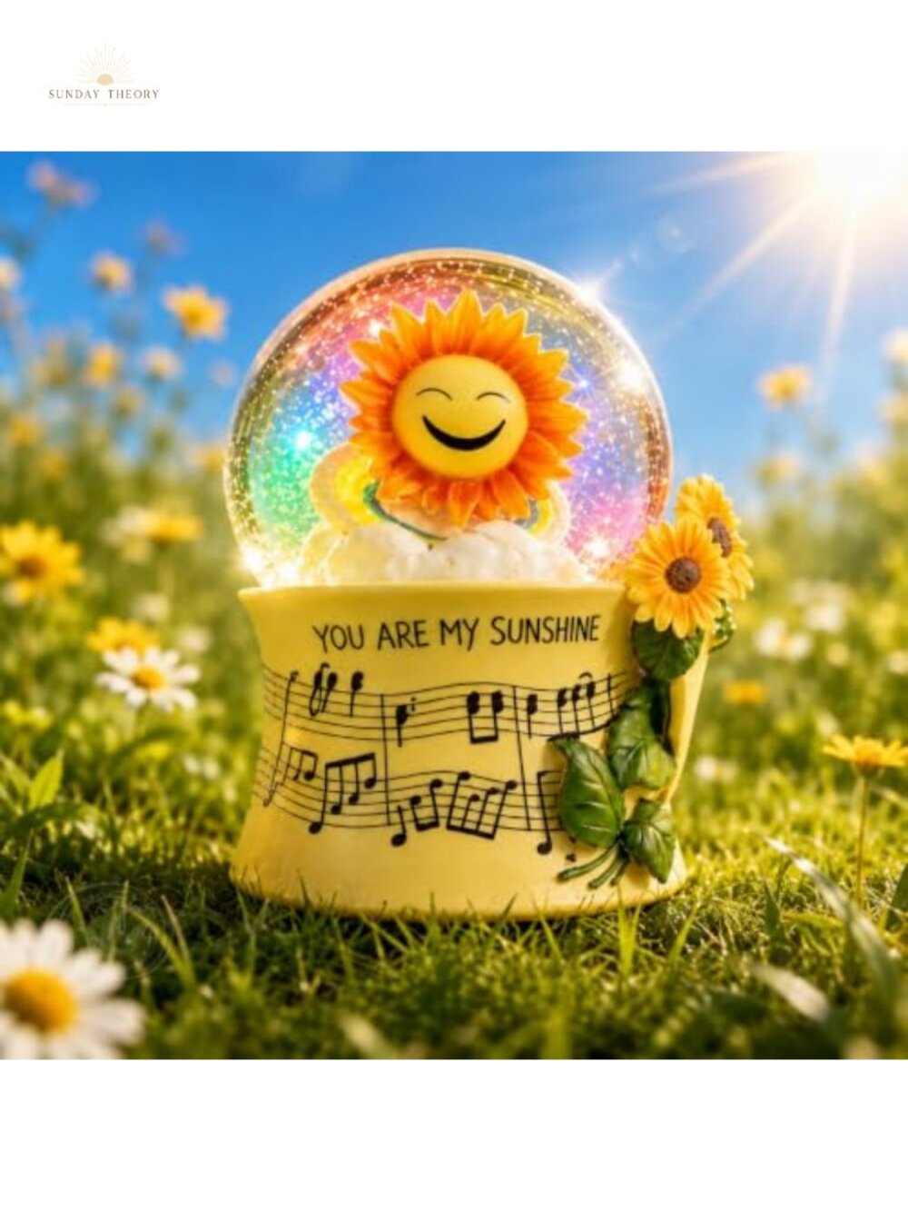 Sunflower Snow Globe Music Box, Plays You Are My Sunshine, Resin Base, Wind Up,